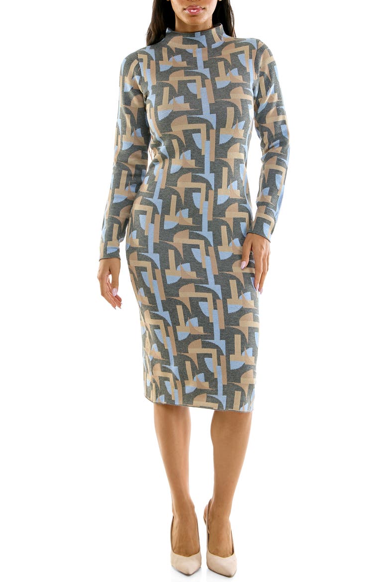 Mock Neck Jacquard Sheath Sweater Dress, Main, color, CHARCOAL MULTI
