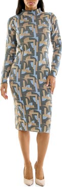 Nina Leonard Mock Neck Jacquard Sheath Sweater Dress