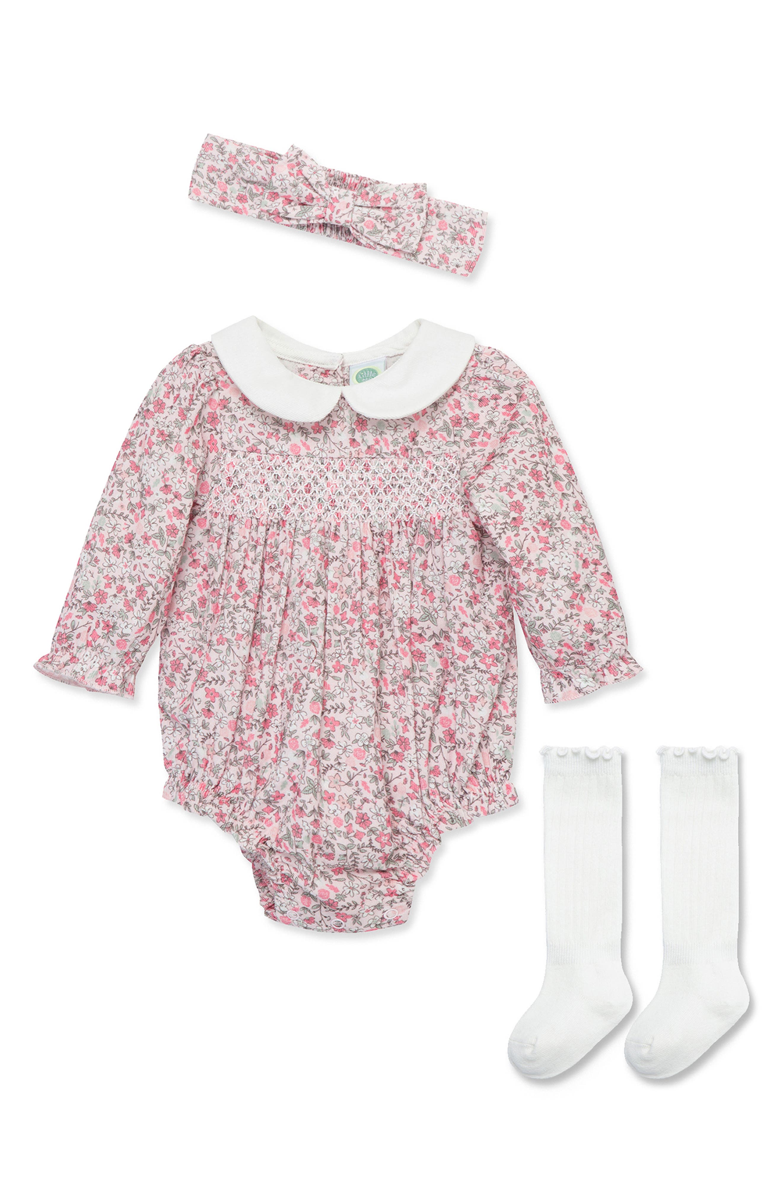 Little Me Smocked Bubble Bodysuit, Headband & Socks Set in Floral 