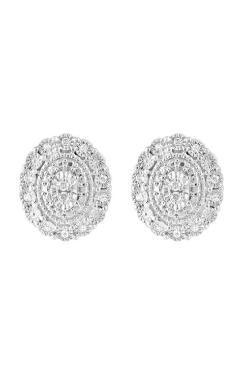 Sterling Silver Diamond Button Stud Earrings