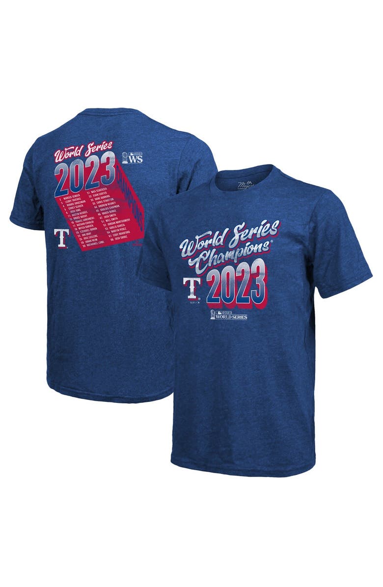 Majestic Threads Men's Majestic Threads  Royal Texas Rangers 2023 World Series Champions Life Of The Party Tri-Blend Roster T-Shirt, Main, color, 