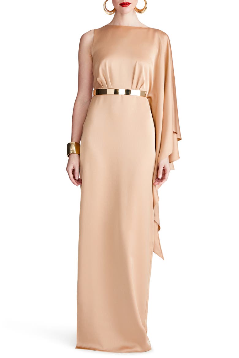 Rhiannon Belted Satin Column Gown, Main, color, TAN BEIGE
