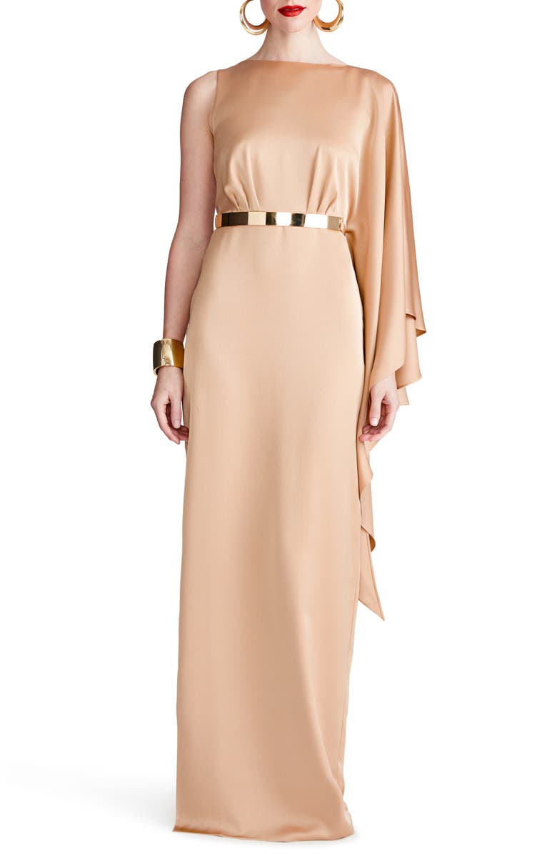 HALSTON Rhiannon Belted Satin Column Gown, Main, color, Tan Beige
