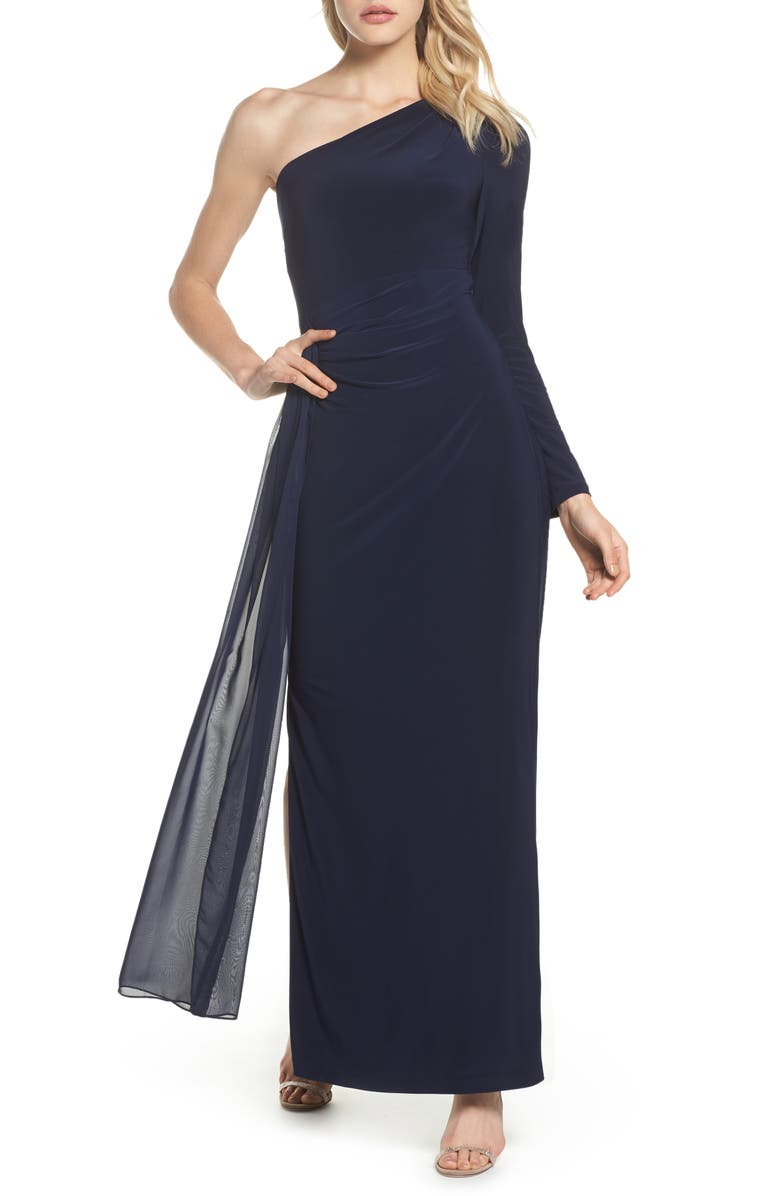 Vince Camuto Chiffon Overlay One-Shoulder Gown, Main, color, 