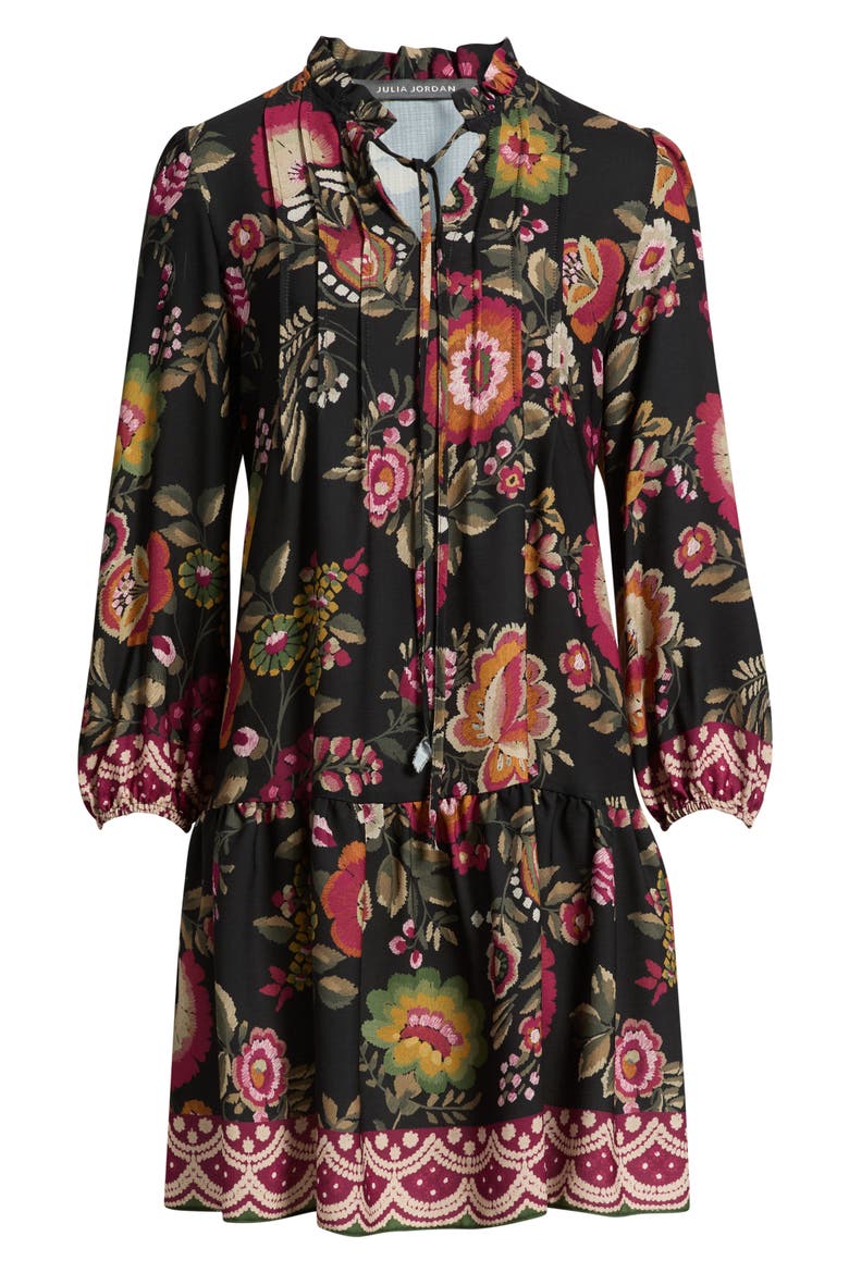Floral Print Split Neck Dress, Alternate, color, BLACK MULTI