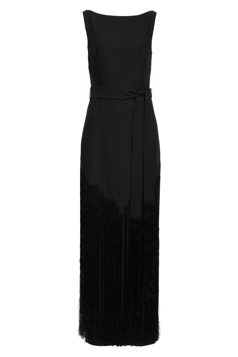 Audrey Fringe Sleeveless Belted Gown, Alternate, color, BLACK