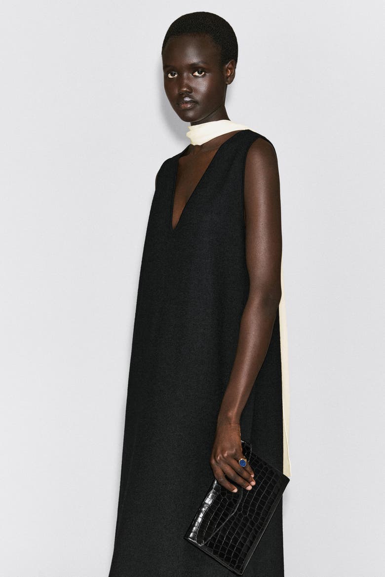 Boiled Wool-Blend V-Neck Midi Dress, Alternate, color, BLACK