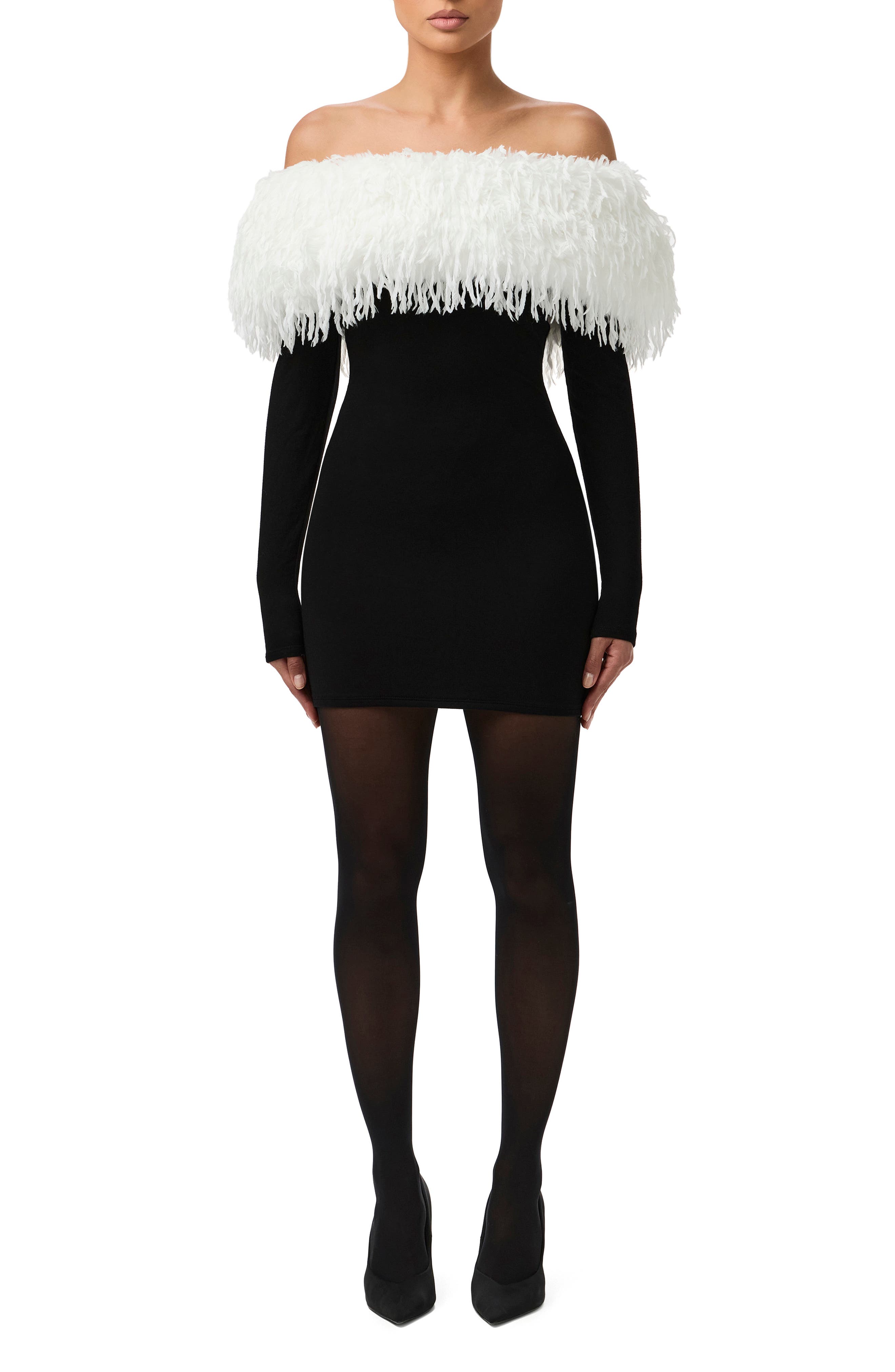Butter Faux Feather Trim Off the Shoulder Long Sleeve Minidress