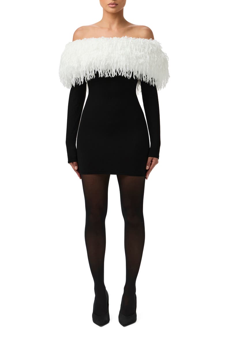 Butter Faux Feather Trim Off the Shoulder Long Sleeve Minidress, Main, color, BLACK / WHITE