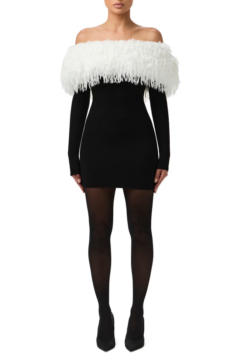 Naked Wardrobe Butter Faux Feather Trim Off the Shoulder Long Sleeve Minidress, Main, color, Black / White