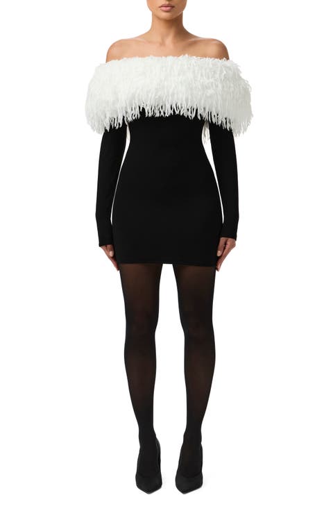 Butter Faux Feather Trim Off the Shoulder Long Sleeve Minidress