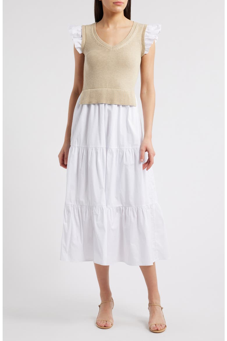 Mixed Media Tiered Cotton Poplin Dress, Main, color, KHAKI