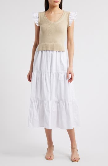 Zoe And Claire Mixed Media Tiered Cotton Poplin Dress In Brown
