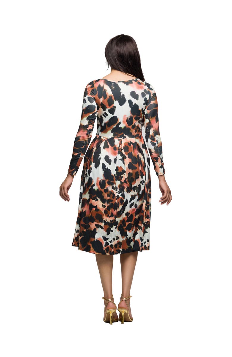 24seven Comfort Apparel Long Sleeve Midi Dress in Animal Print, Alternate, color, Brown Multi