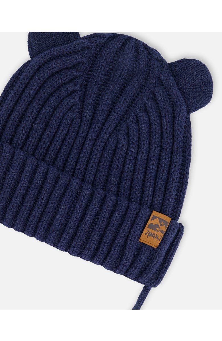 Deux par Deux Baby Unisex Baby Knit Hat With Strings Navy Blue, Alternate, color,