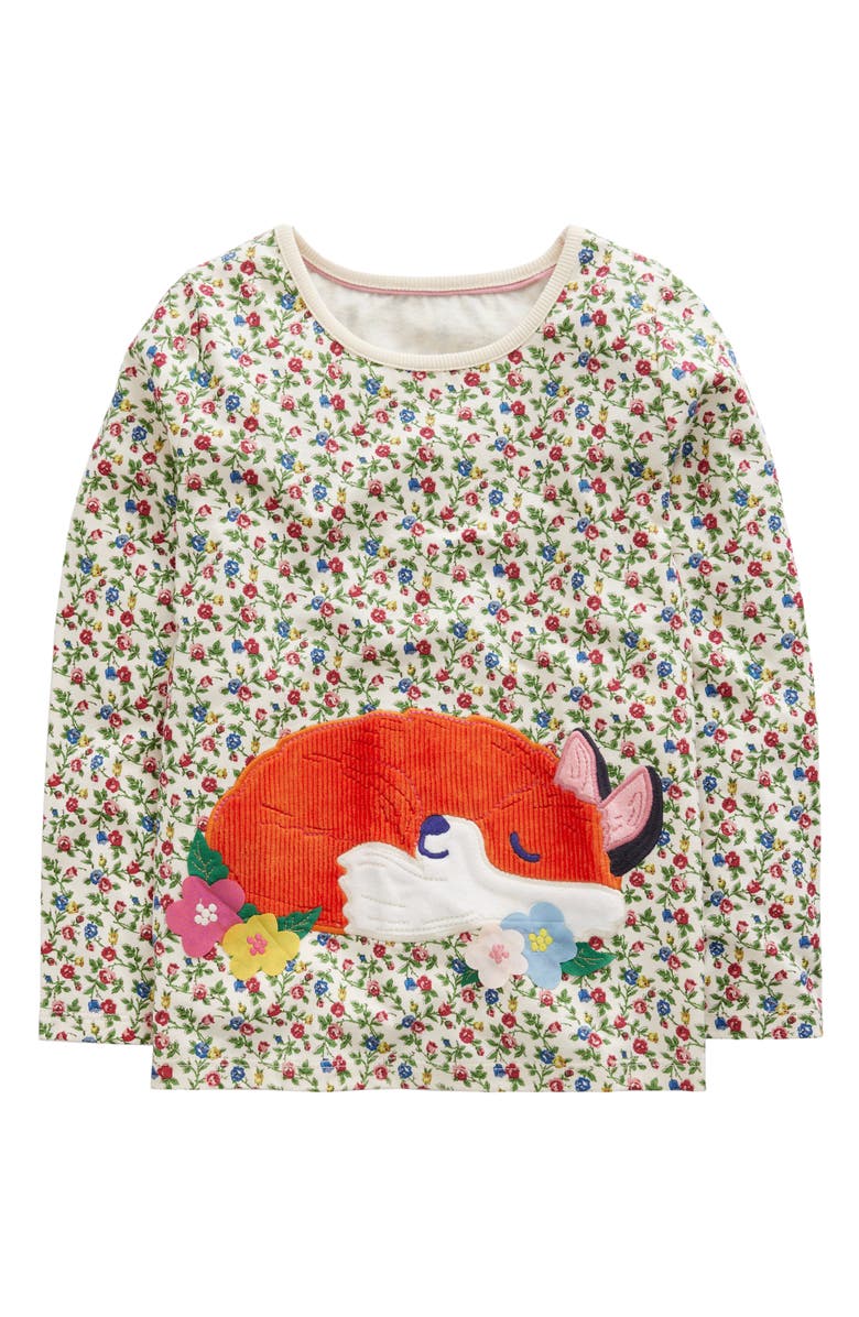 Mini Boden Kids' Floral Fox Appliqué Long Sleeve Cotton T-Shirt, Main, color, 