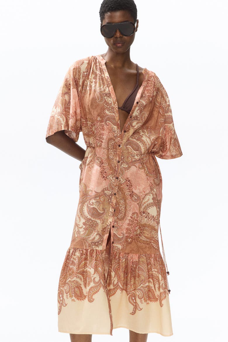 Short-sleeved Tie-belt Dress, Alternate, color, Beige/paisley