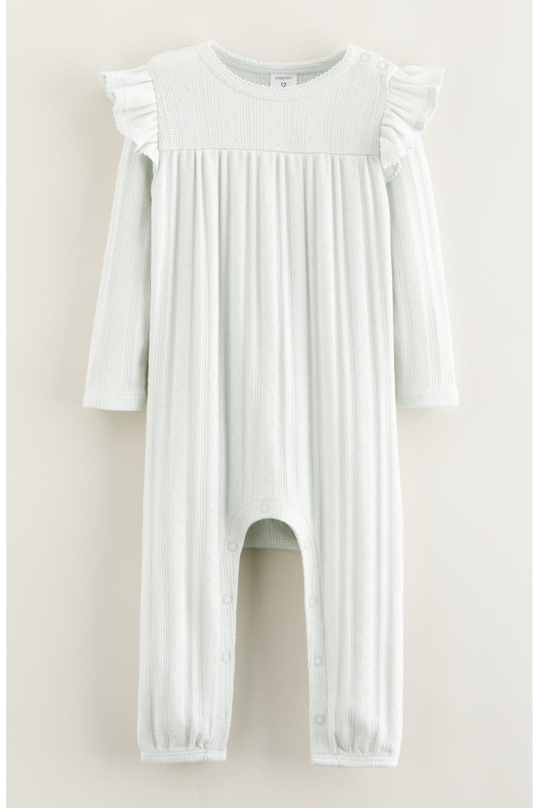 Pointelle Ruffle Romper, Main, color, GREEN HUSH