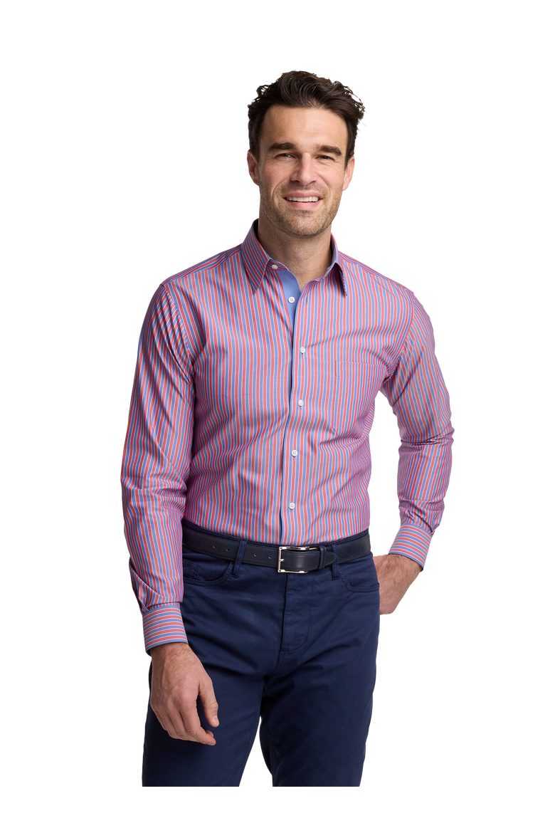 Cotton Buttondown Collar Broadcloth Classic Contrast Trim Button Cuff Long Sleeve Shirt, Alternate, color, Blue/Red
