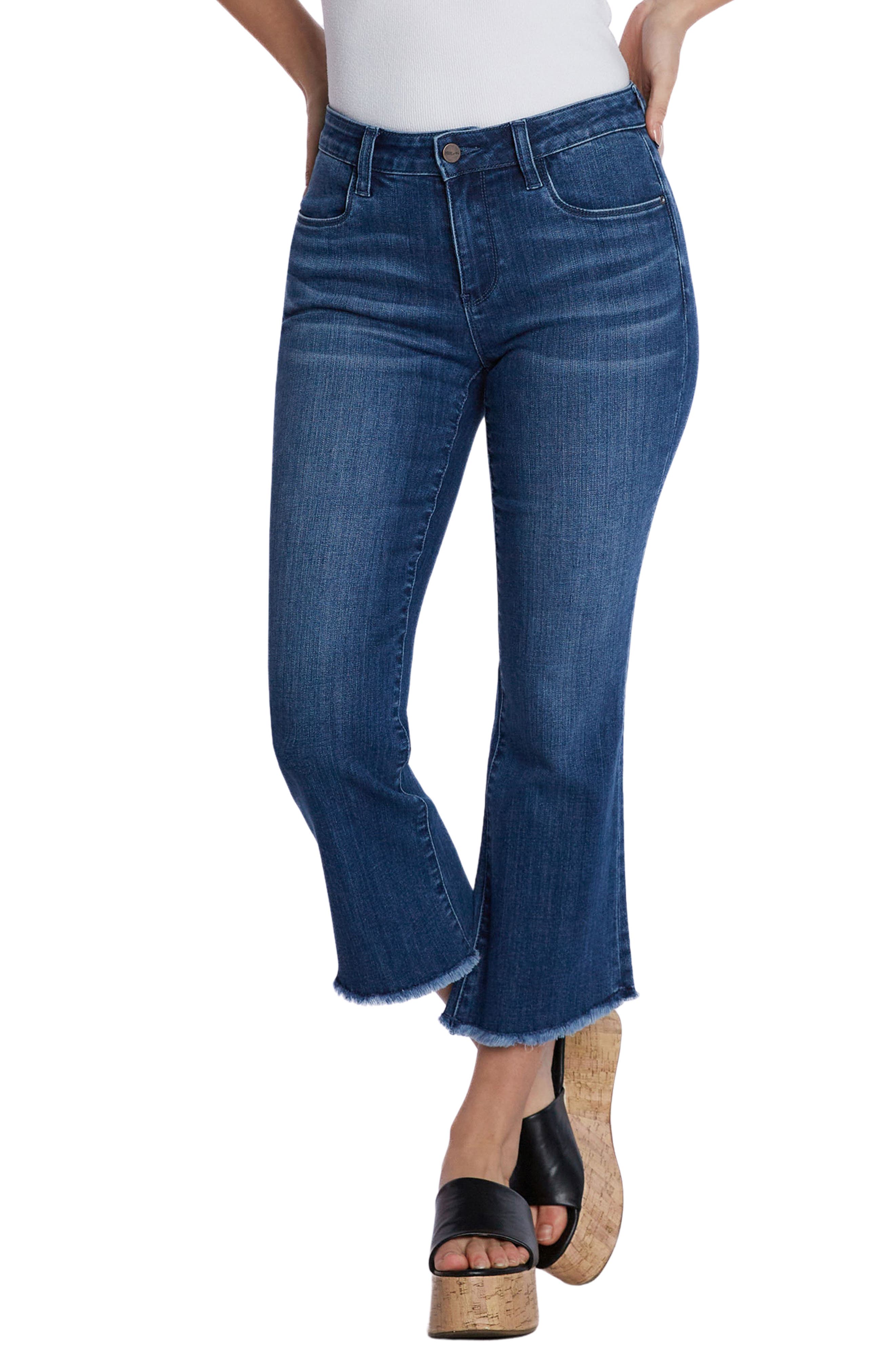 HINT OF BLU Crop Raw Hem Flare Jeans in Mist Blue 
