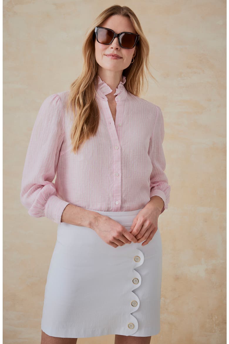Julian Ruffle Collar Button Front Linen Top, Alternate, color, LIGHT PINK/ WHITE