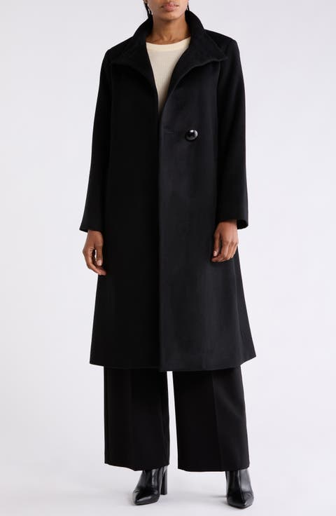 Asymmetrical Stand Collar Wool Blend Maxi Coat