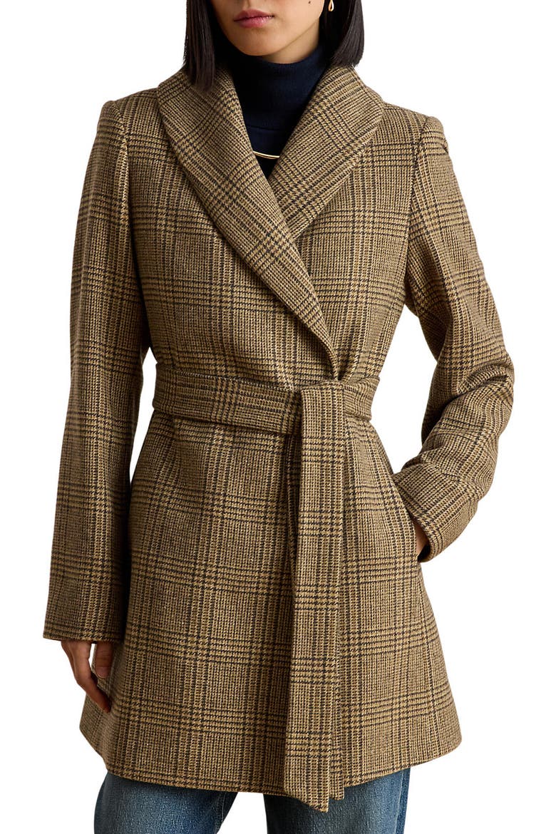 Plaid Wool Wrap Coat, Main, color, HAZEL PLAID