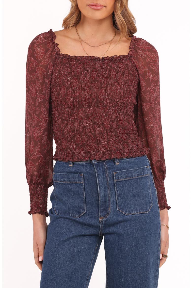 Alberta Shirred Crop Top, Main, color, BURGUNDY PAISLEY