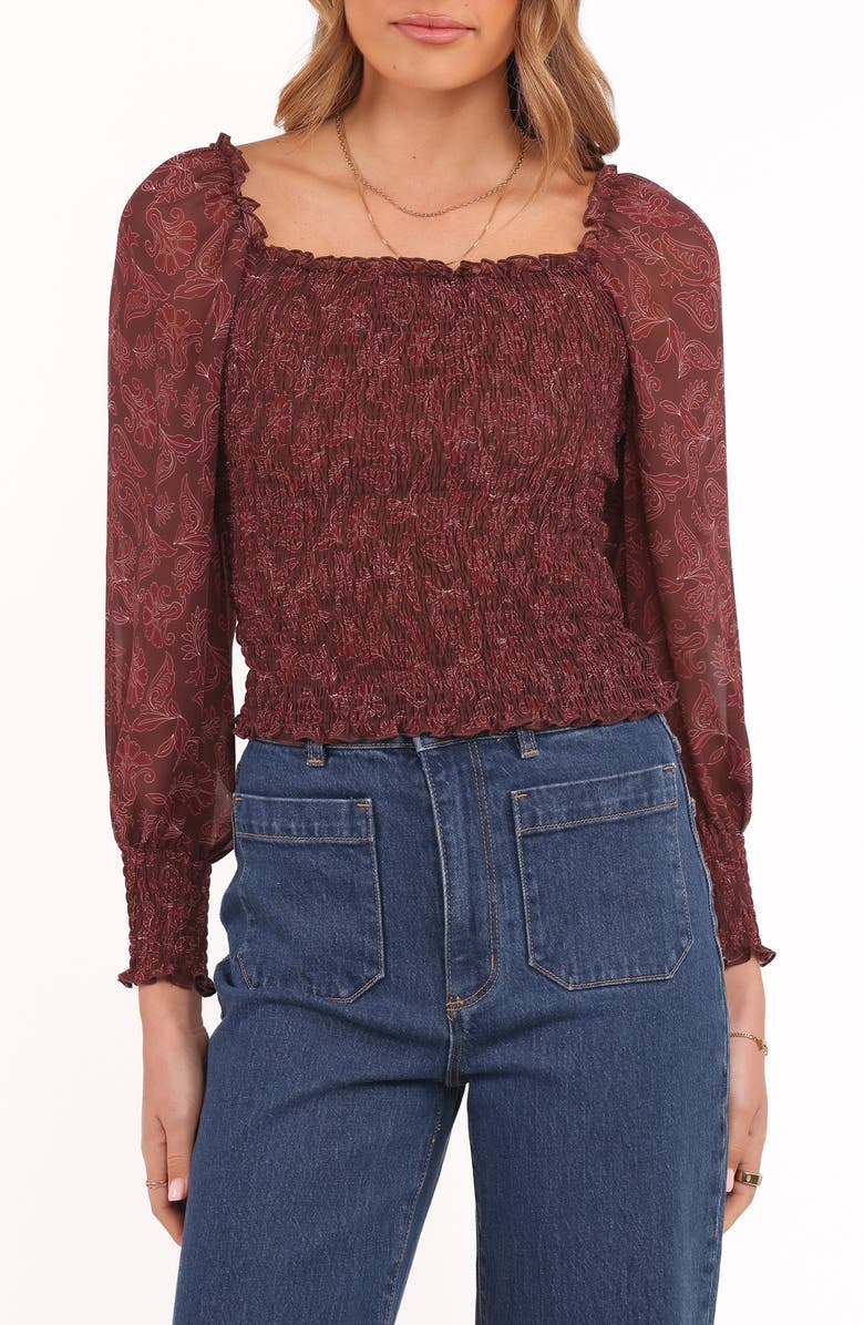 Petal & Pup Alberta Shirred Crop Top, Main, color, Burgundy Paisley
