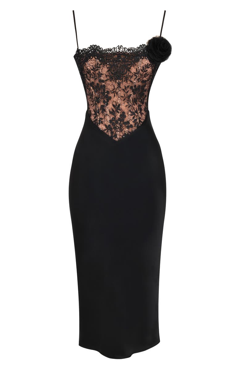 HOUSE OF CB Nikita Floral Lace Overlay Corseted Midi Cocktail Dress, Alternate, color, Black
