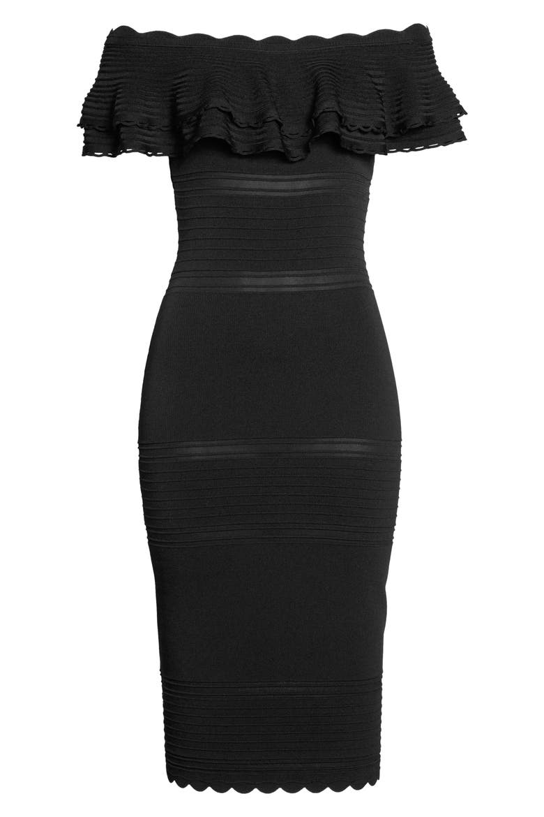 Off the Shoulder Ruffle Sheath Dress, Alternate, color, BLACK