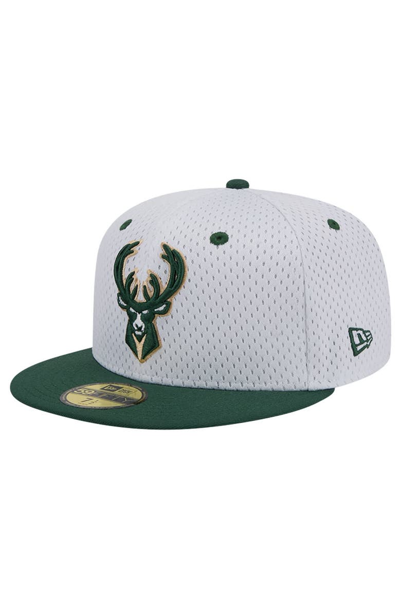 New Era Men's New Era White/Hunter Green Milwaukee Bucks Throwback 2Tone 59FIFTY Fitted Hat, Alternate, color, 