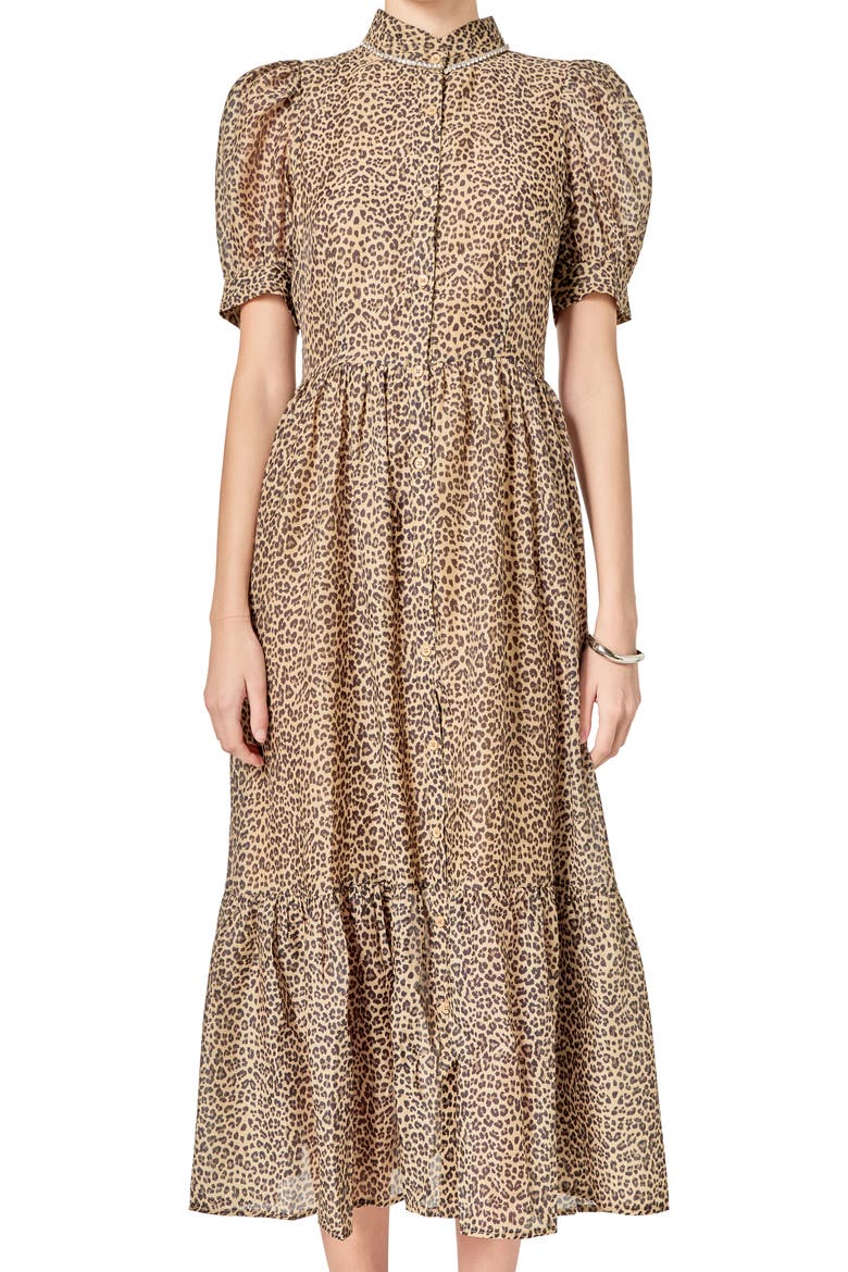 Leopard Print Organza Midi Dress, Alternate, color, LEOPARD