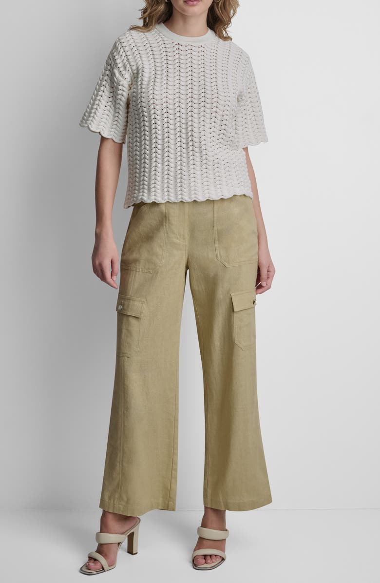 DKNY Open Lattice Stitch Short Sleeve Sweater, Alternate, color, Coconut