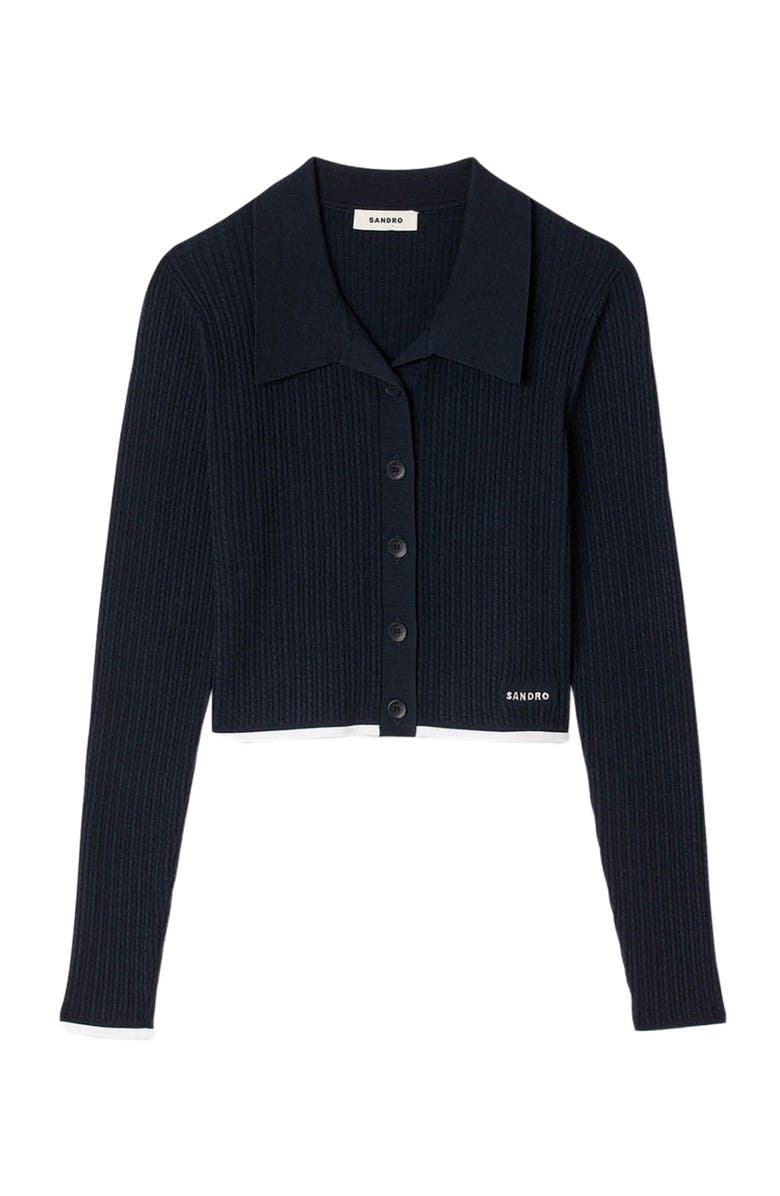 SANDRO Cropped polo collar cardigan, Alternate, color, Navy Blue