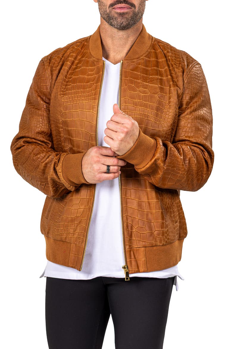 Marthyr Croc Embossed Leather Bomber Jacket, Alternate, color, BROWN