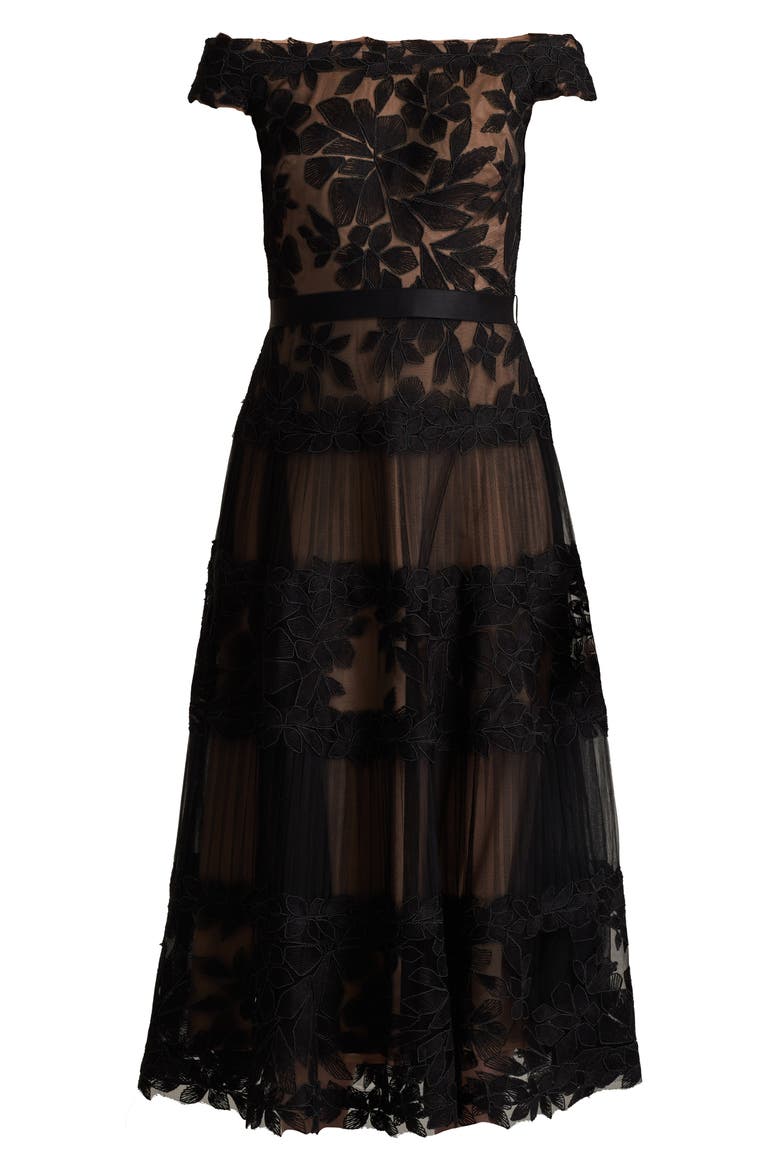 Embroidered Off the Shoulder Midi Dress, Alternate, color, BLACK/NUDE