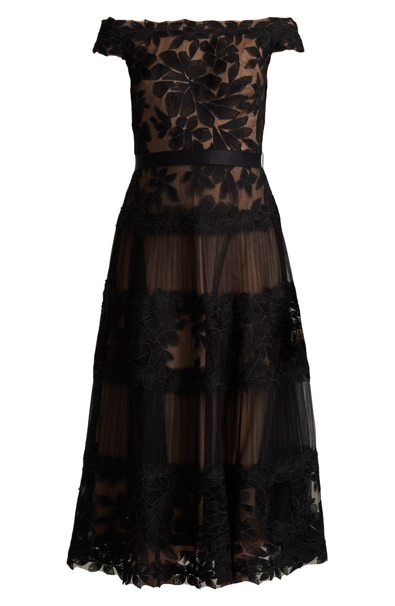 Tadashi Shoji Embroidered Off the Shoulder Midi Dress, Alternate, color, Black/Nude