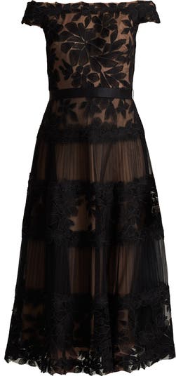 Tadashi Shoji Embroidered Off the Shoulder Midi Dress