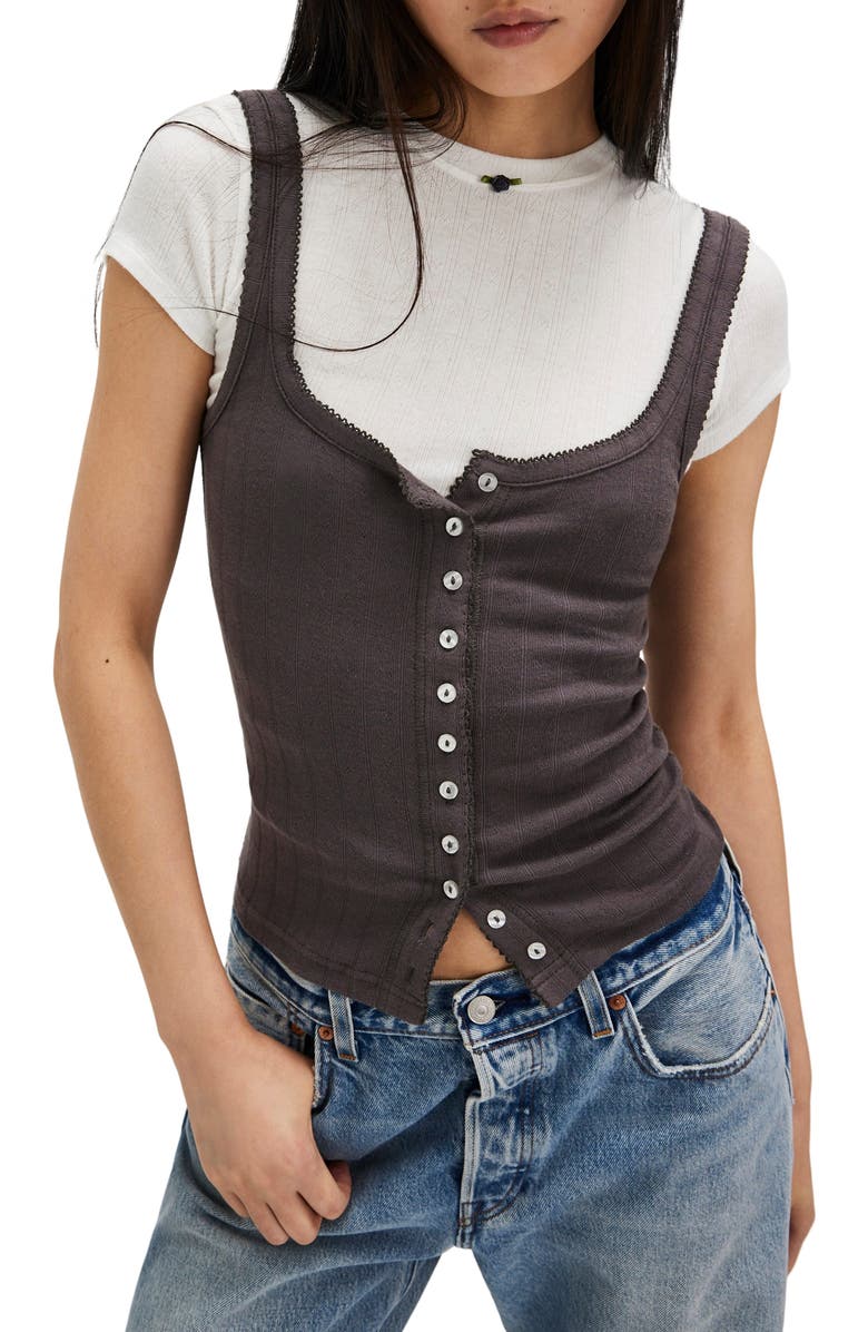 Free People End Game Pointelle Button-Up Tank, Main, color, Volcanic Glass