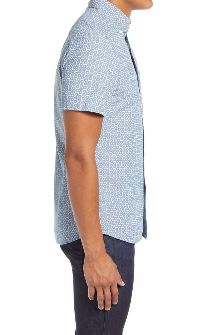 Slim Fit Shibori Geo Print Short Sleeve Button-Down Shirt, Alternate, color, BLUE CHAMBRAY SHIBORI GEO