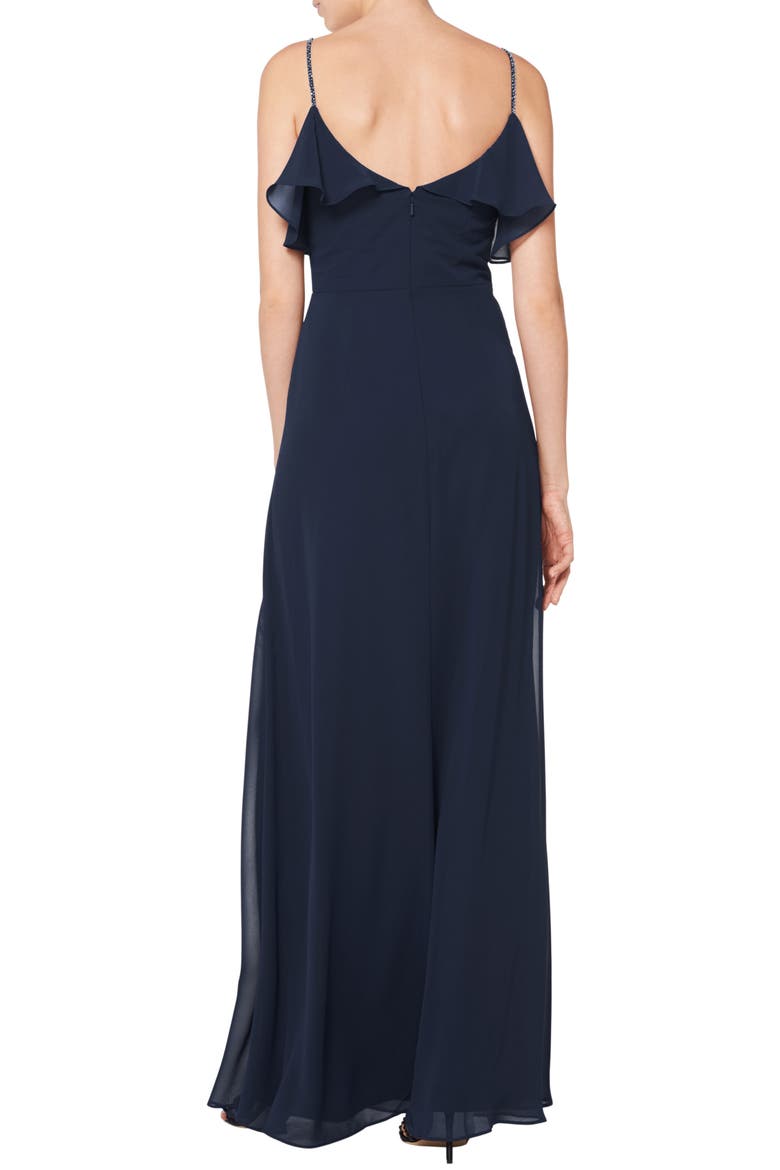 Embellished Ruffle Neck Chiffon A-Line Gown, Alternate, color, NAVY