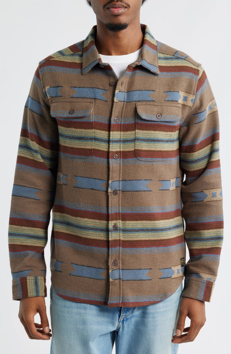 RVCA Dayshift Blanket Stripe Flannel Button-Up Shirt, Alternate, color, Mushroom