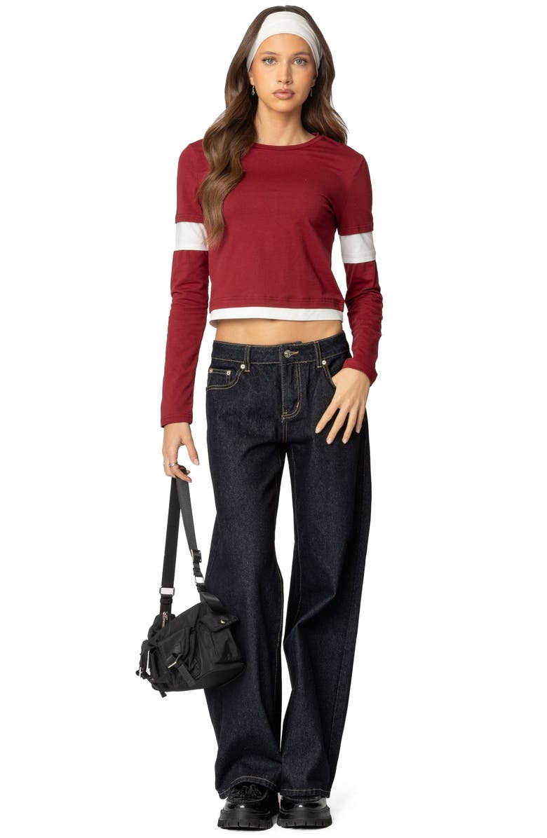 EDIKTED Paula Layered Look Long Sleeve Cotton T-Shirt, Alternate, color, Burgundy