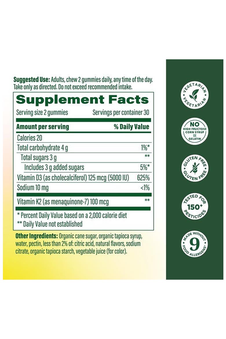 Vitamin D3 & K2 Gummies 5000 IU (125 mcg) Pectin Based, Vegetarian, 60 Peach Gummies, Alternate, color, None