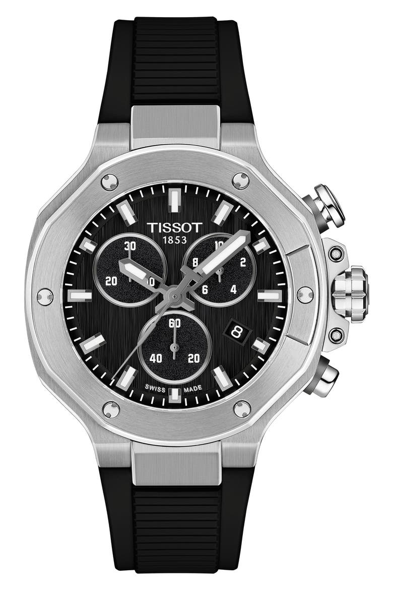 T-Race Chronograph Silicone Strap Watch, 38mm, Main, color, BLACK