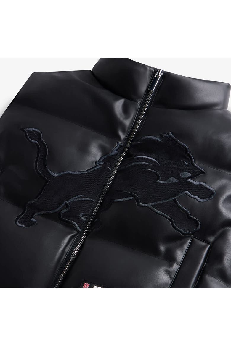 Women's  Black Detroit Lions Faux Leather Cropped Puffer Vest, Alternate, color, Black