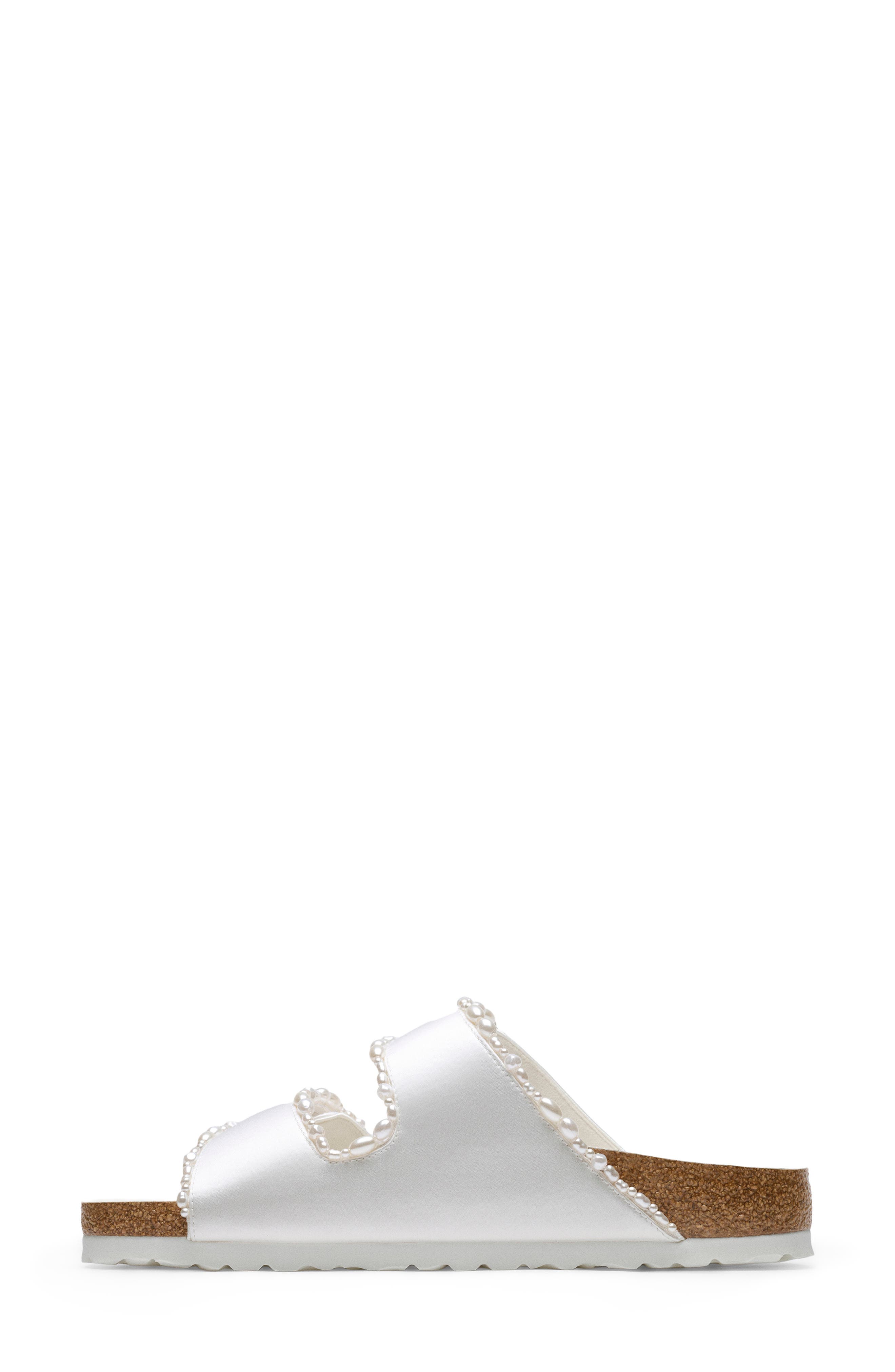 Birkenstock x Danielle Frankel x Danielle Frankel Arizona Satin & Faux Pearl Slide Sandal, Alternate, color, White