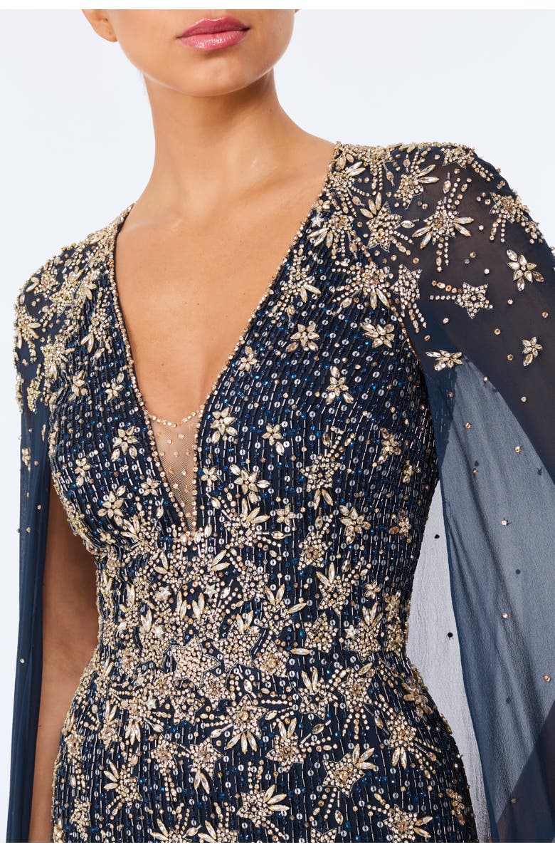 Jenny Packham Moonlight star-embellished cape-design maxi dress, Alternate, color, Blackthorne Blue