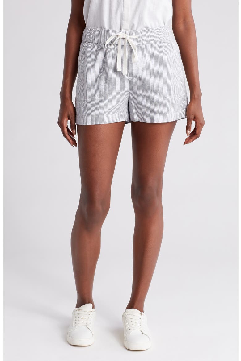 Stripe Drawstring Linen Blend Shorts, Main, color, BLUE VINTAGE- WHITE LEAH STP